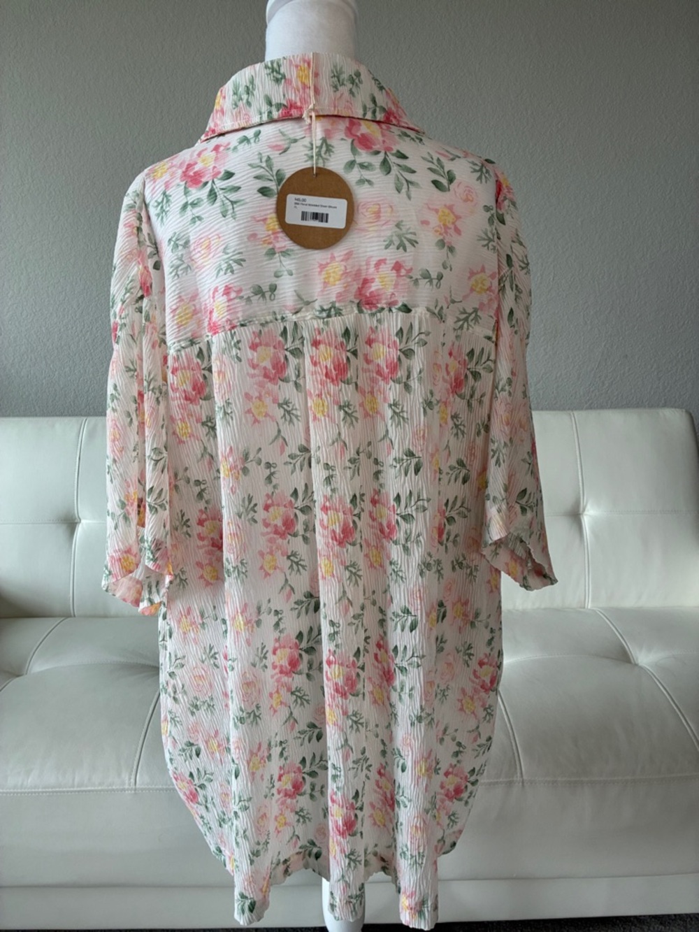 BiBi Oversized Floral Button-Down Shirt in Pink, Green, Yellow - Picture 4 of 9